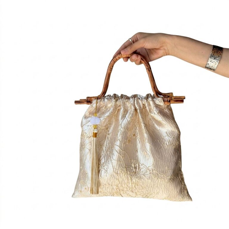 Custom Gift Box Embroidered Fabric Bag with Bamboo-Knot Handles and Tassels