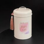 Tin Box Round tinplate can with vertical ribbed finish, handle, and tassel.